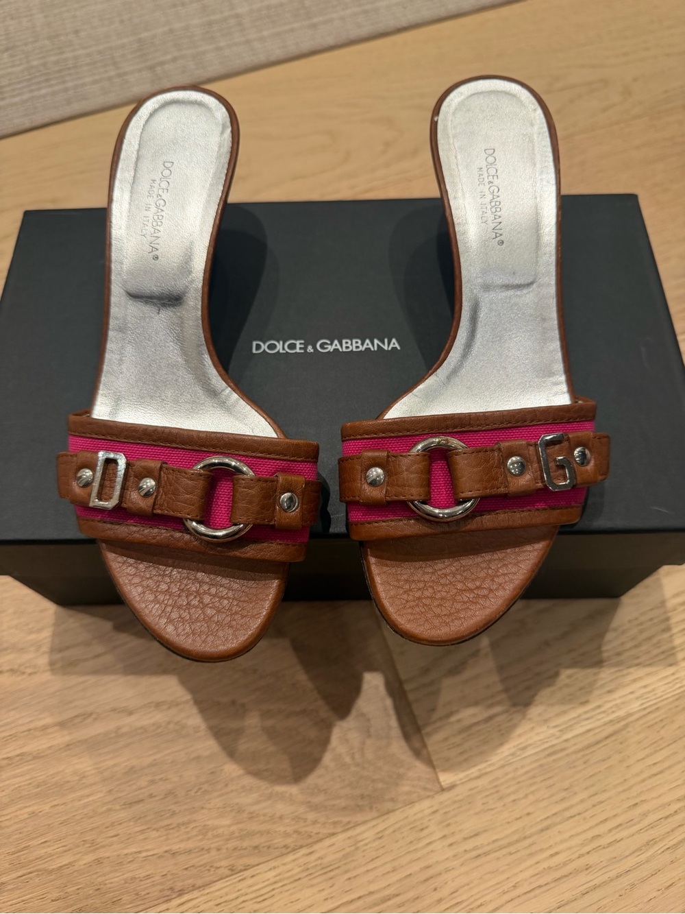 Dolce & Gabbana Brown and Fuchsia Leather Slide Mules in Box- size 6.5
